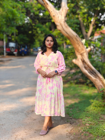 Light Floral Print Western Dress for Women – Long Sleeve Tiered Midi Dress, Sizes S to 3XL