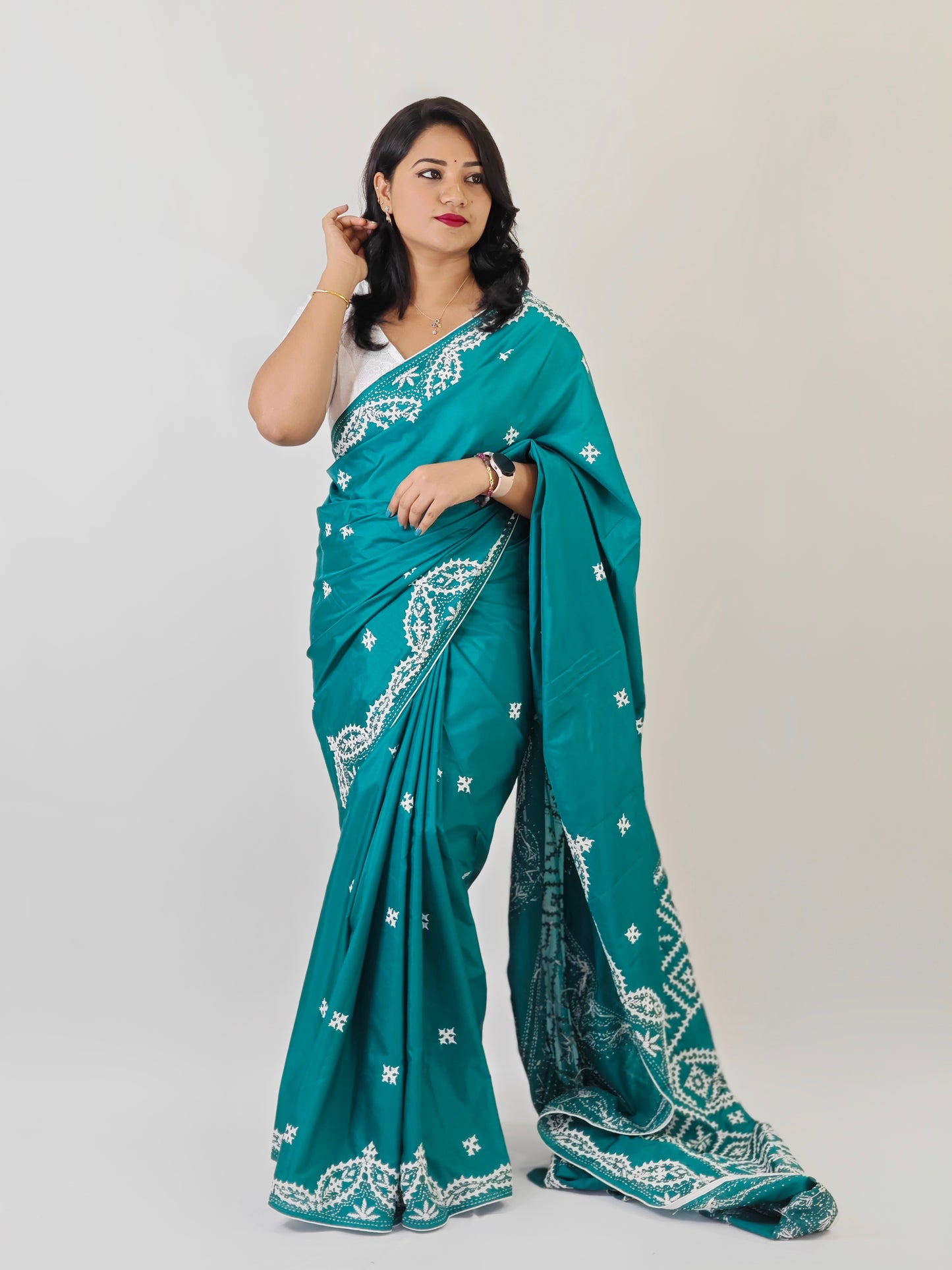 Handcrafted Gujarati Work Saree on Blended Banglori Silk with Contrast Cord Piping – Wedding and Festive Wear