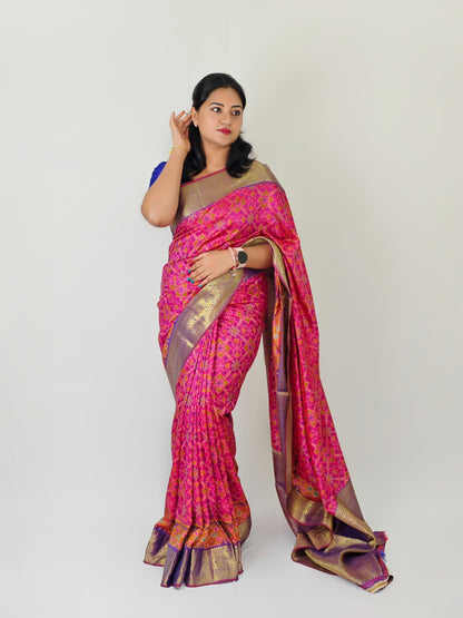 Spanish Ikkat Cotton Saree with Pochampalli Print and Nylon Zari Border for Women