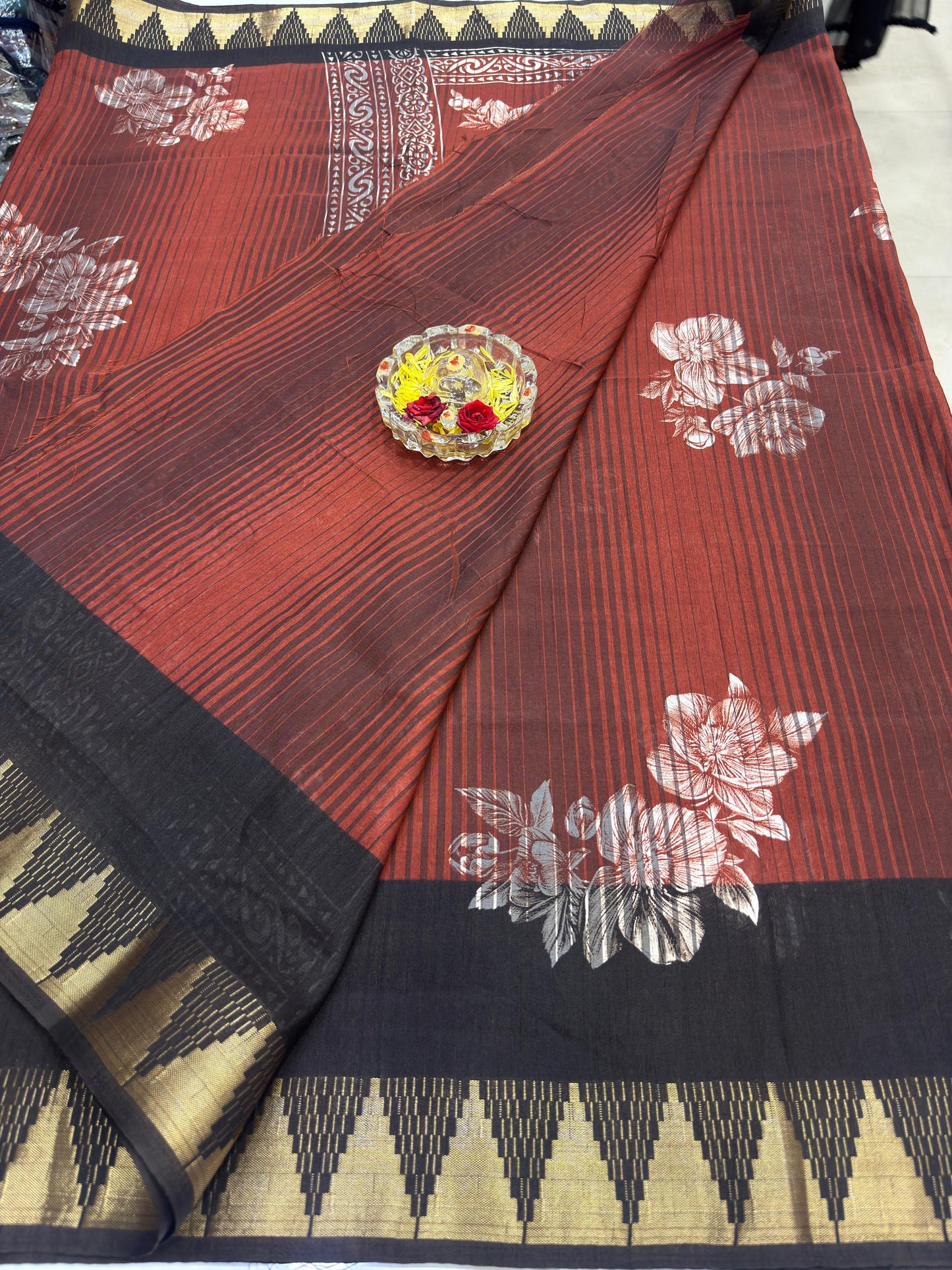 Printed Silk Blend Saree for Women with Temple Border and Traditional Ethnic Design