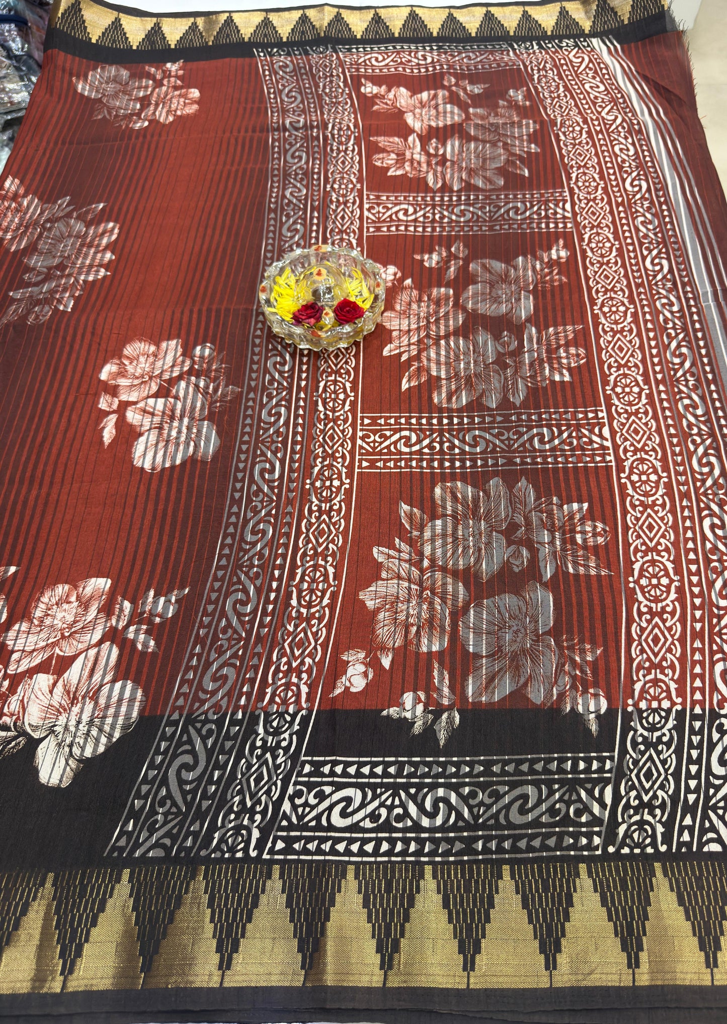 Printed Silk Blend Saree for Women with Temple Border and Traditional Ethnic Design
