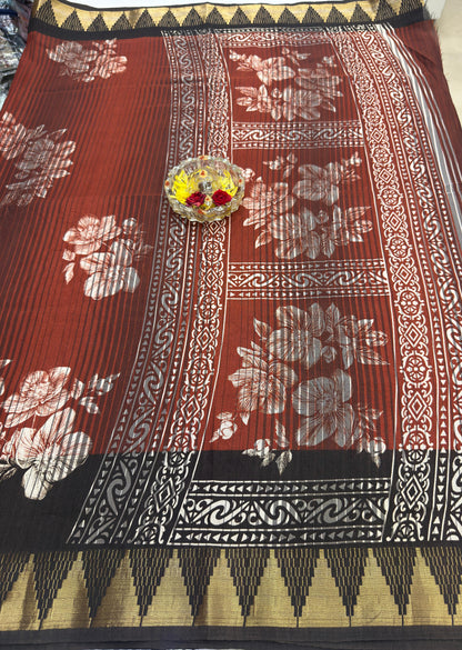 Printed Silk Blend Saree for Women with Temple Border and Traditional Ethnic Design
