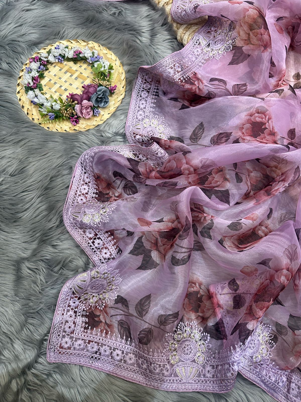 Organza Silk Saree with Digital Print and Viscos Thread Work – Banglori Silk Blouse Included