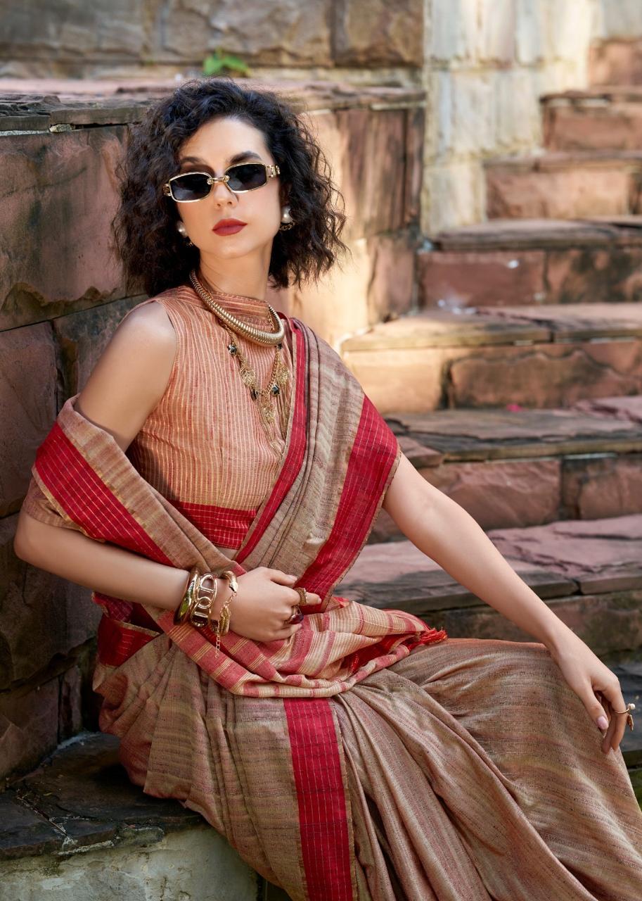 Handloom Style Katan Silk Saree with Red Zari Border – Elegant Office & Festive Wear Saree for Women