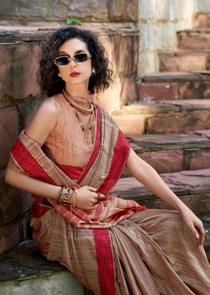 Handloom Style Katan Silk Saree with Red Zari Border – Elegant Office & Festive Wear Saree for Women