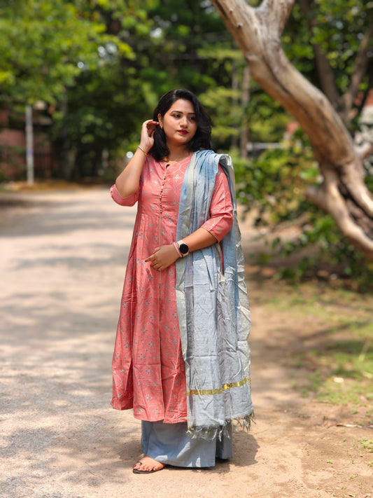 Peach Printed Kurta Palazzo Dupatta Set with Silver-Toned Dupatta for Women – Sizes M to 3XL