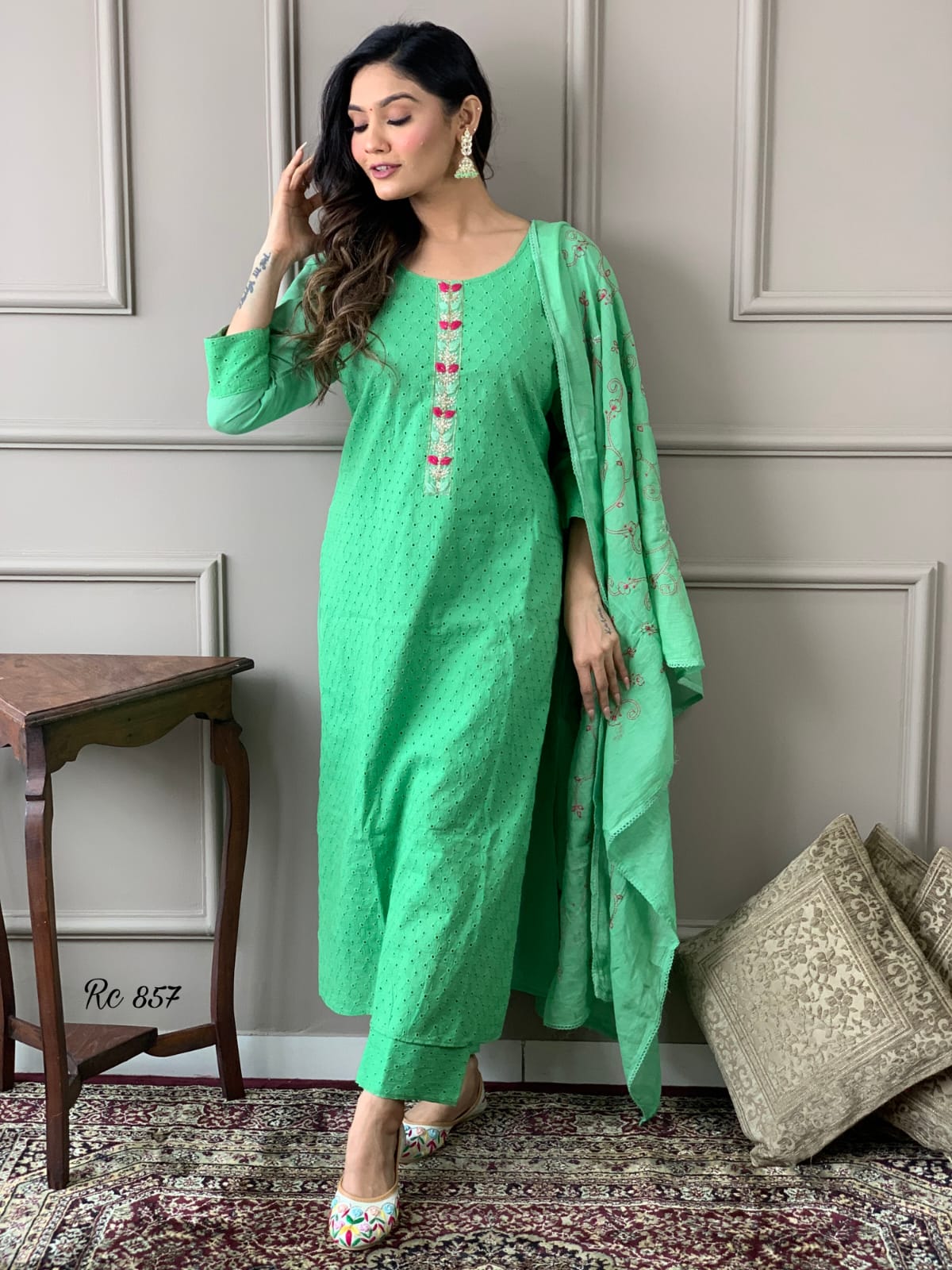 Cotton Schiffli Chikankari Kurta Set with Pants and Printed Silk Dupatta – Women’s Ethnic Wear