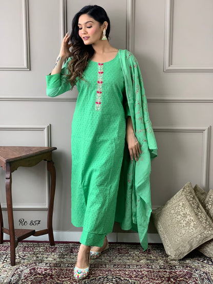 Cotton Schiffli Chikankari Kurta Set with Pants and Printed Silk Dupatta – Women’s Ethnic Wear