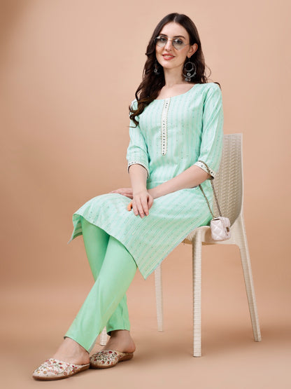 Cotton Blend Sequin Striped Casual Kurti Pant Set for Women – Round Neck, Calf Length