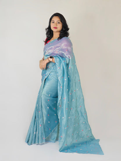 Crush Tissue Saree with Multi-Embroidery Work and Running Blouse for Women