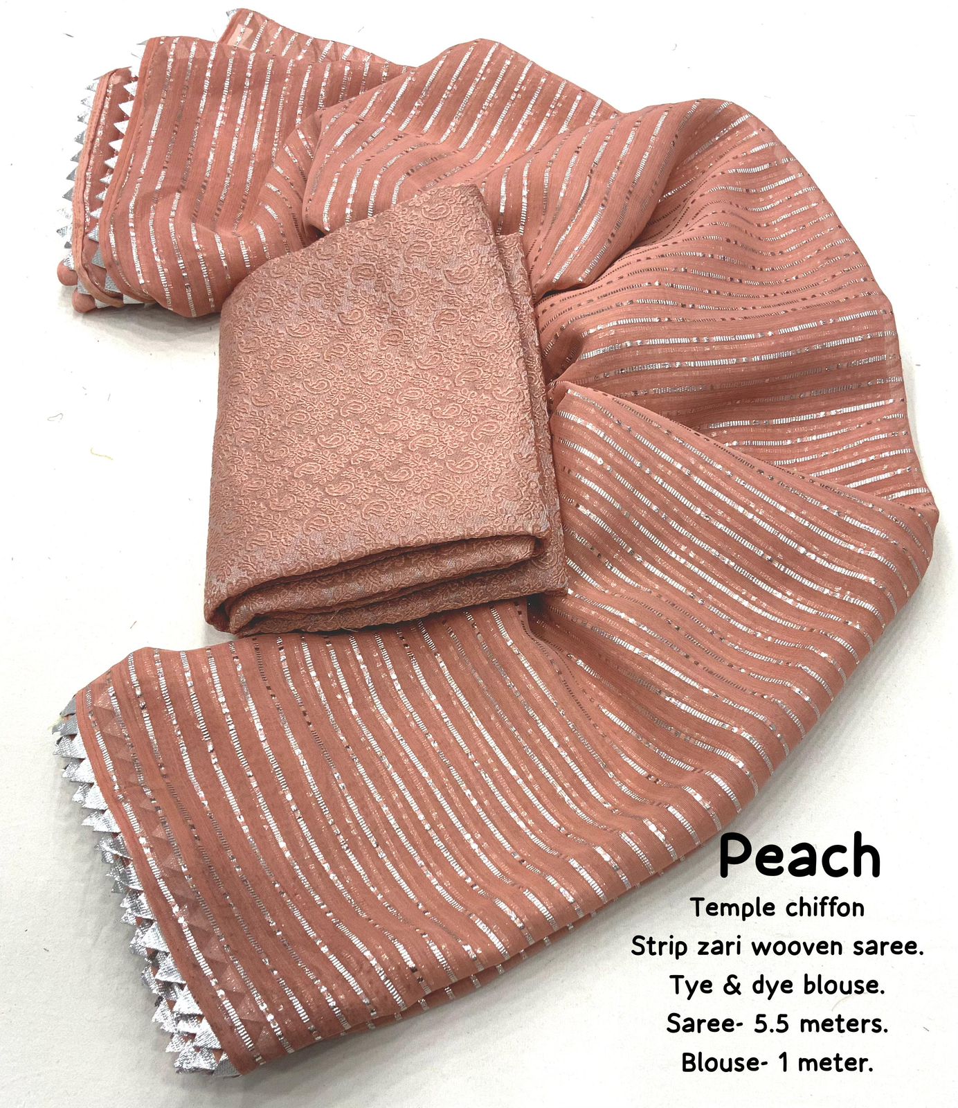 Soft Chiffon Saree with Silver Zari Weaving & Gota Temple Border – Banarasi Silk Blouse Included