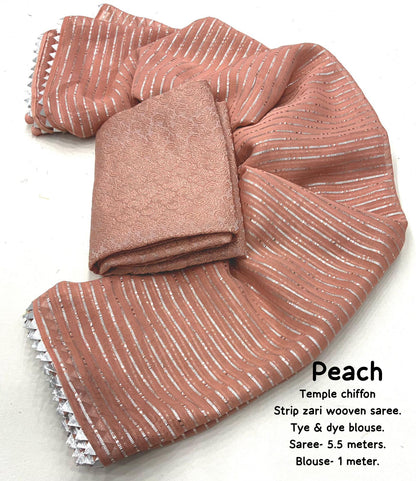 Soft Chiffon Saree with Silver Zari Weaving & Gota Temple Border – Banarasi Silk Blouse Included