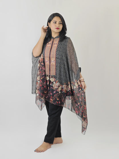 Designer Cape Style Embroidered Viscose Chiffon Top with Linen Cotton Bottom for Women | L to 2XL
