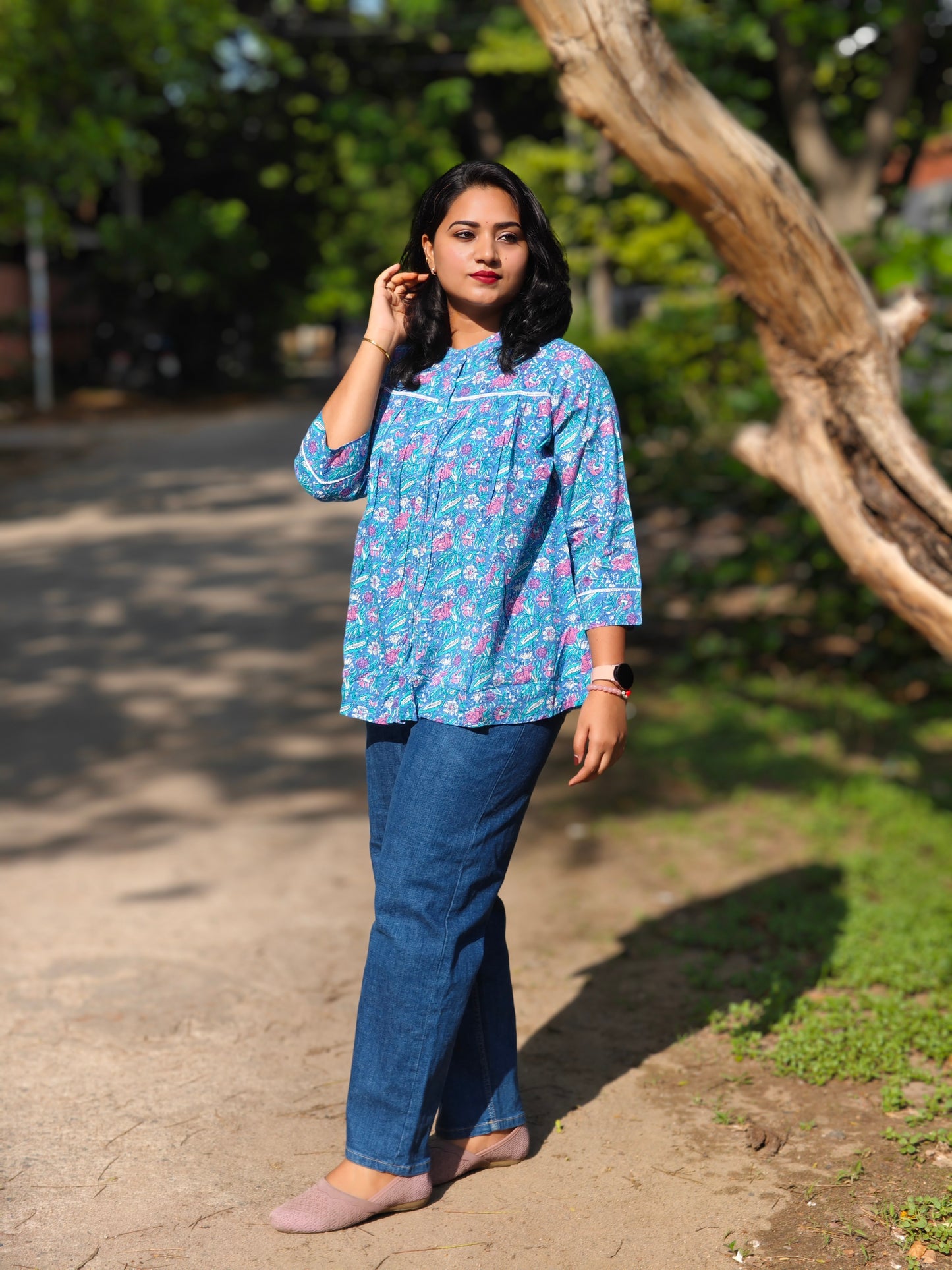 Blue Cotton Floral Print Short Top for Women – Sizes S to XL