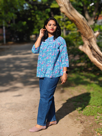 Blue Cotton Floral Print Short Top for Women – Sizes S to XL