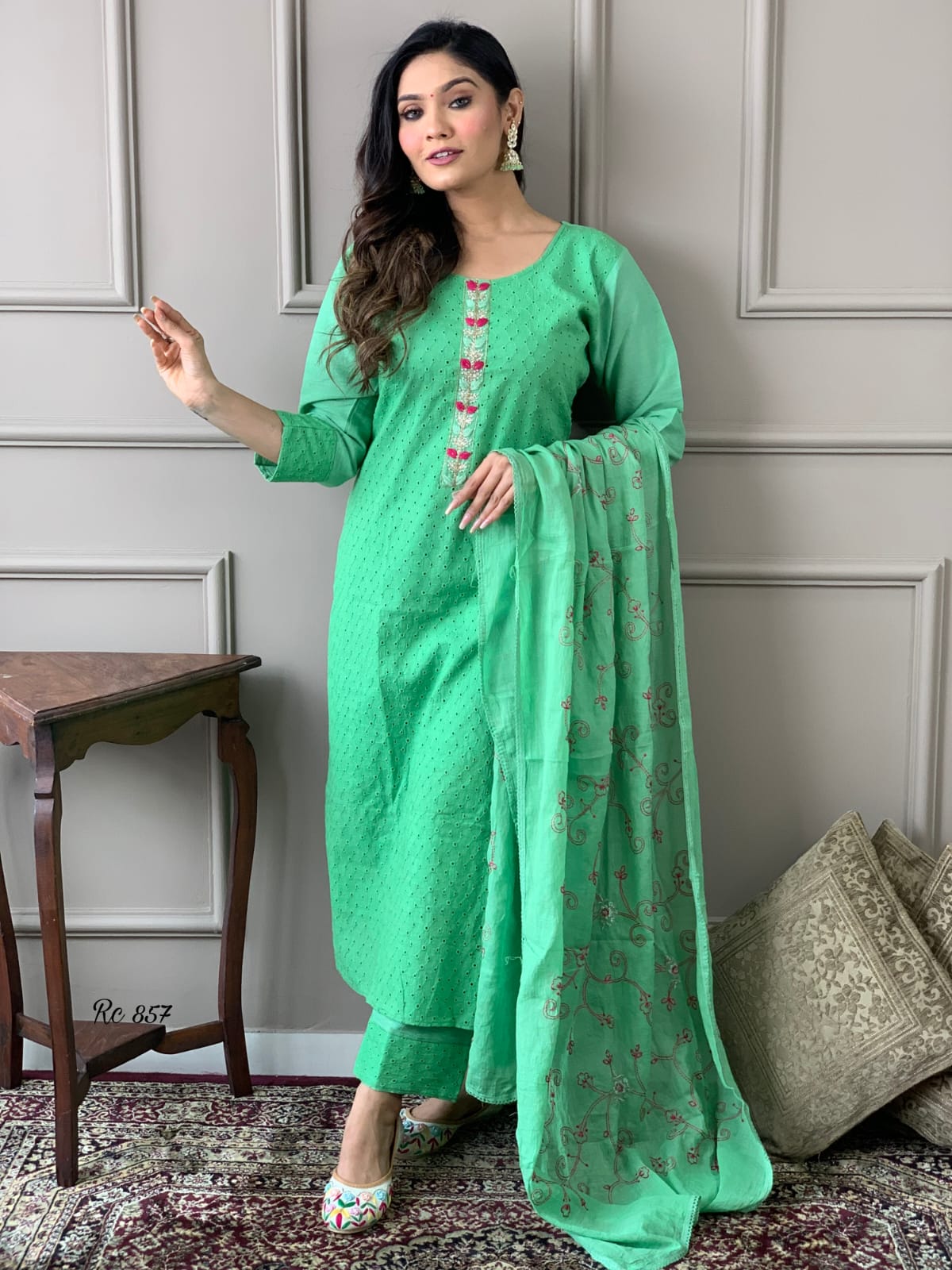 Cotton Schiffli Chikankari Kurta Set with Pants and Printed Silk Dupatta – Women’s Ethnic Wear