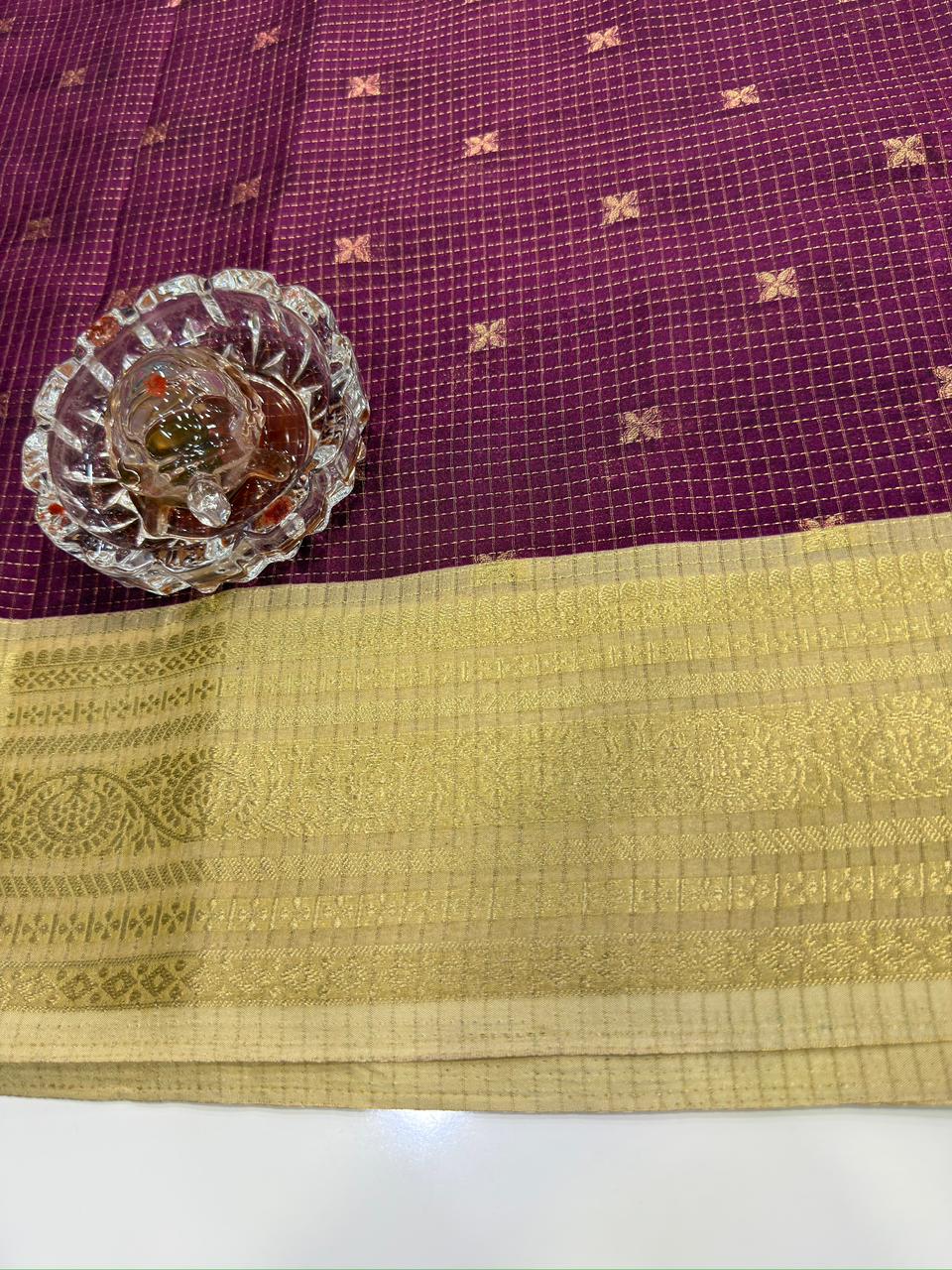 Munga pattu silk blend saree with small buti checks and zari border, women’s festive wear saree