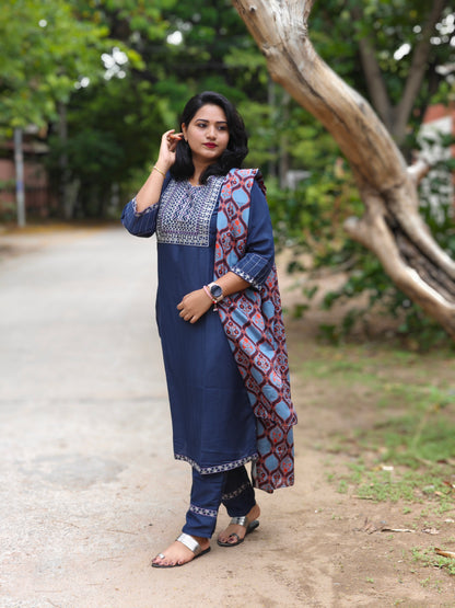 Chinon Cotton Embroidered Kurta Pant Dupatta Set for Women with Silk Blend Dupatta – Sizes S to XXL