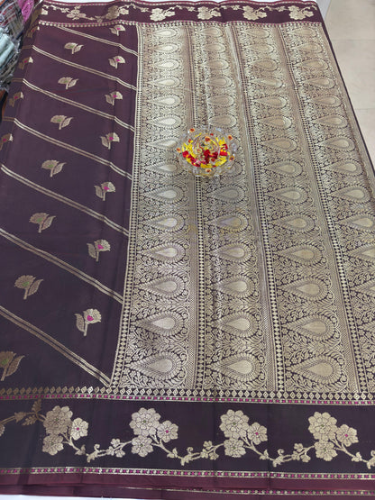 Banarasi Semi Katan Silk Saree for Women with Gold Zari Weaving, Meenakari Border and Blouse Piece