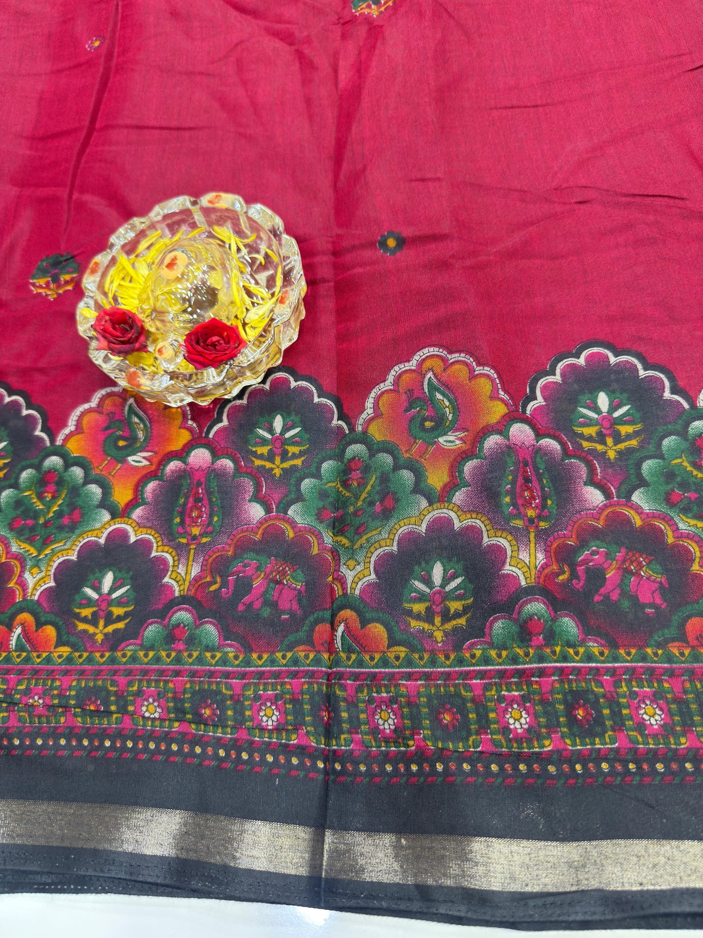 Kalamkari Printed Silk Blend Saree for Women with Artistic Border and Traditional Ethnic Design