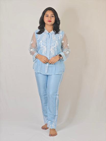 White Thread Embroidered Organza Kurta with Rayon Pant Set for Women