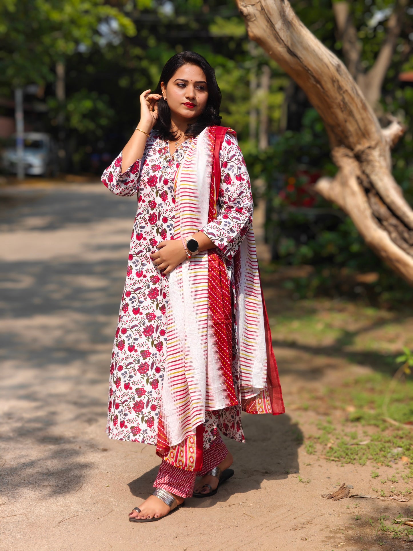 Cotton Kurti Pant Dupatta Set with Handwork and Mirror Detailing for Women