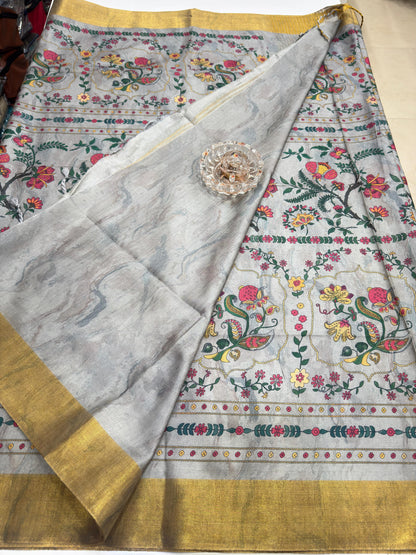 Soft Tussar Silk Printed Saree with Contrast Border, Tassels and Blouse for Women