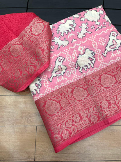 Premium Crepe Silk Printed Saree with Weaving Viscose Border and Running Blouse