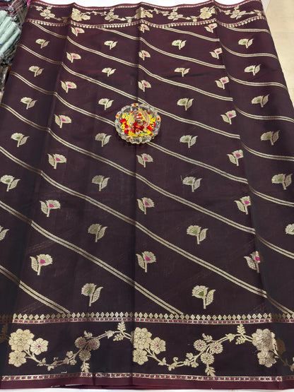 Banarasi Semi Katan Silk Saree for Women with Gold Zari Weaving, Meenakari Border and Blouse Piece