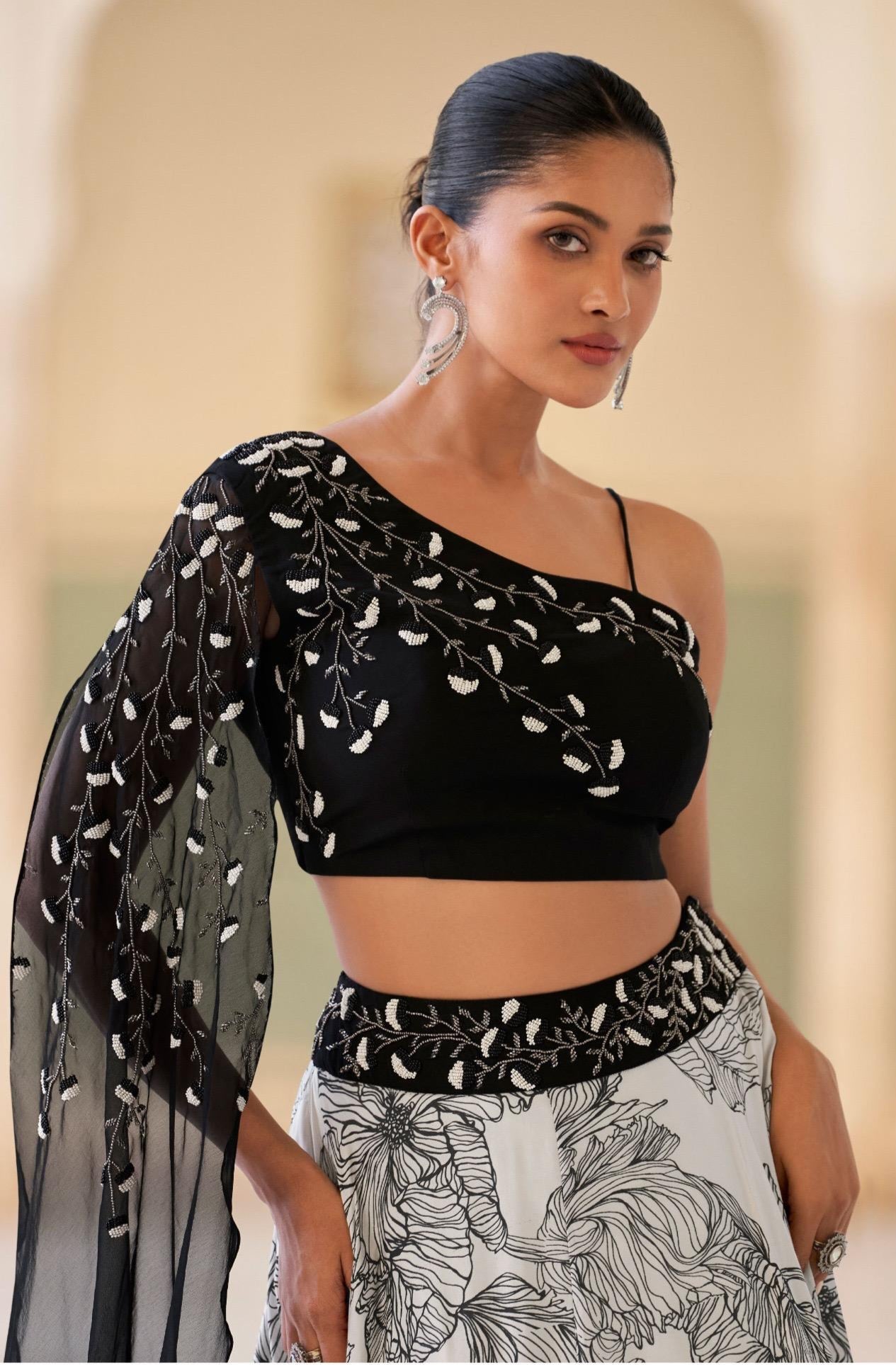 Real chinon embroidered crop top lehenga set for women with cancan – black & white floral pattern