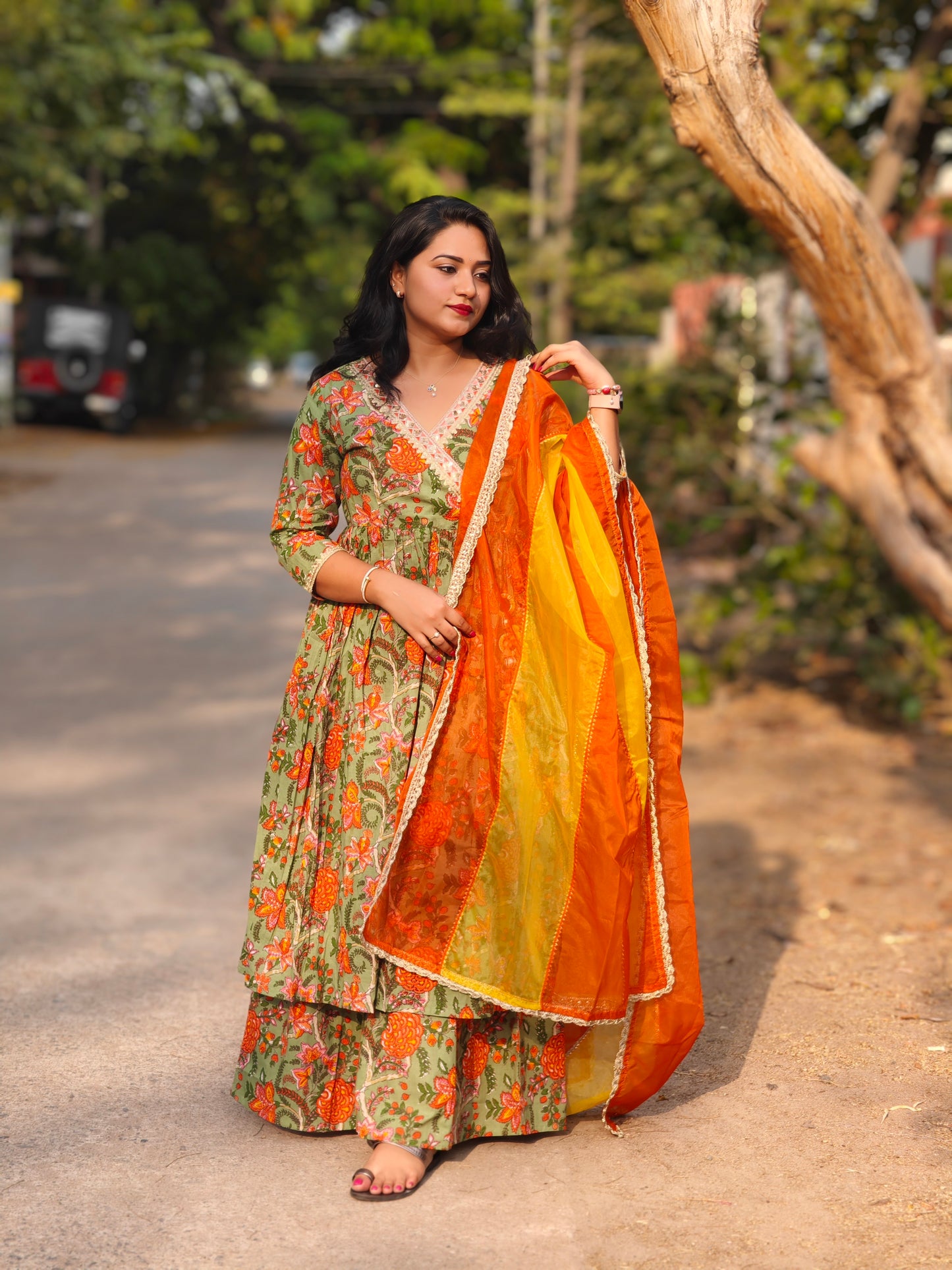 Green Cotton Ethnic Printed Kurta with Flared Palazzo and Dupatta – Sizes L & XL