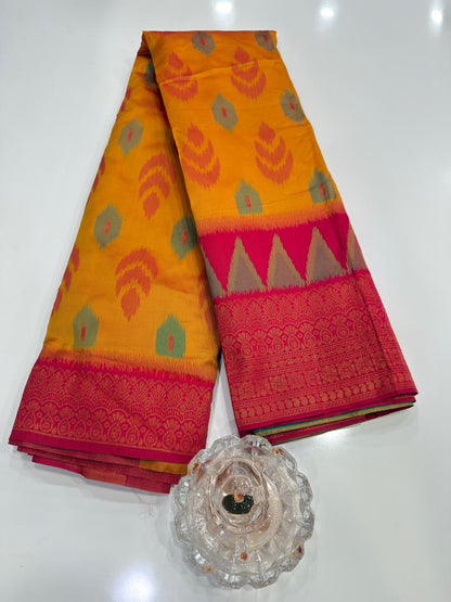 Soft Silk Ikkat Pochampally Saree with Traditional Woven Border and Blouse Piece for Women