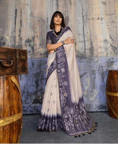 Munga cotton handloom weaving saree with woven floral border and tassel pallu for women