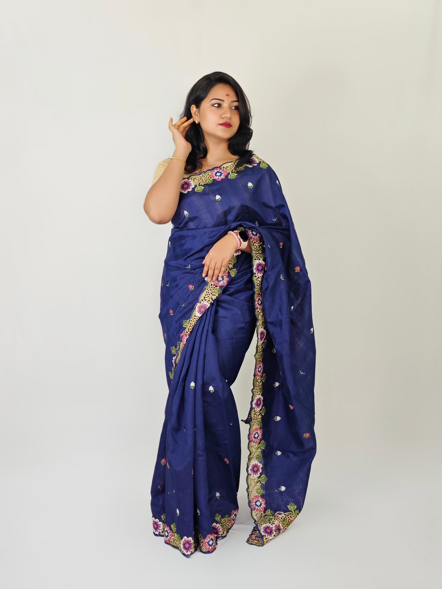 Matka Silk Saree with Embroidered Buttis, Cutwork Big Pallu, and All-Over Cutwork Panel