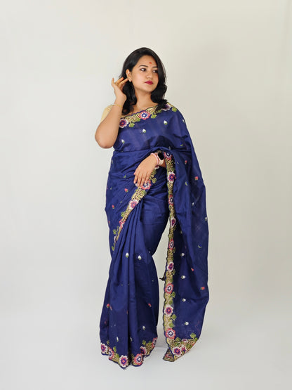 Matka Silk Saree with Embroidered Buttis, Cutwork Big Pallu, and All-Over Cutwork Panel