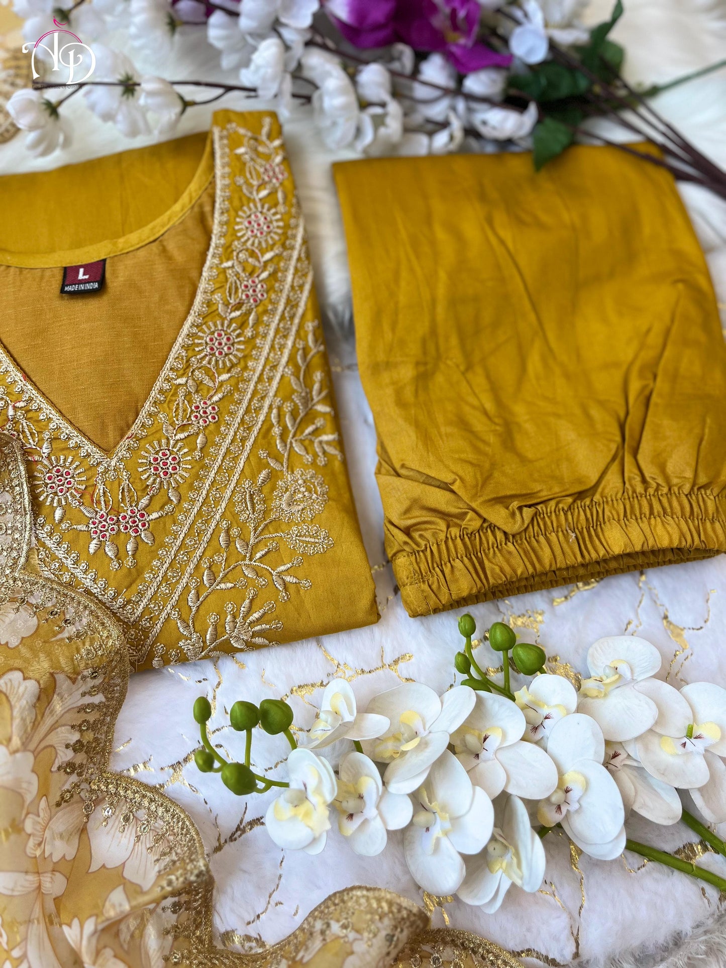 Heavy Chanderi Afghani Suit Set with Embroidery & Floral Print Organza Dupatta – Mahendi & Yellow – Sizes M & L