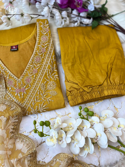 Heavy Chanderi Afghani Suit Set with Embroidery & Floral Print Organza Dupatta – Mahendi & Yellow – Sizes M & L