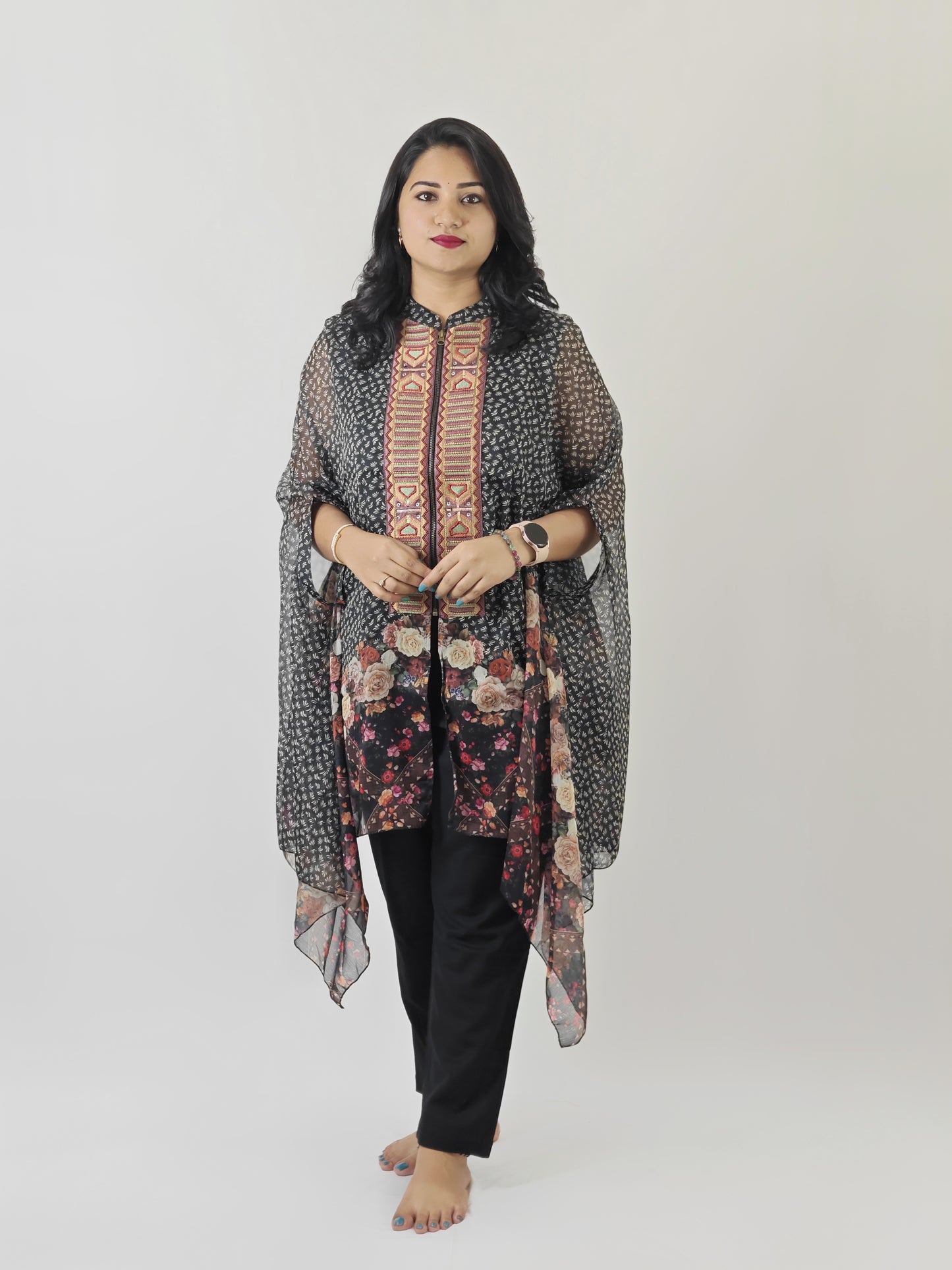 Designer Cape Style Embroidered Viscose Chiffon Top with Linen Cotton Bottom for Women | L to 2XL
