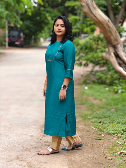 Green Poly Silk Solid Kurta with Pant Set for Women – Elegant Daily and Festive Wear