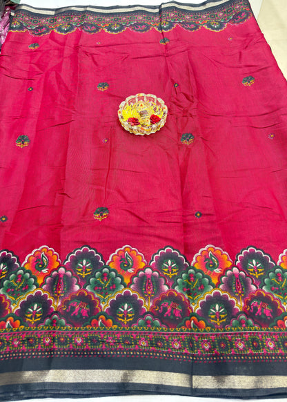 Kalamkari Printed Silk Blend Saree for Women with Artistic Border and Traditional Ethnic Design