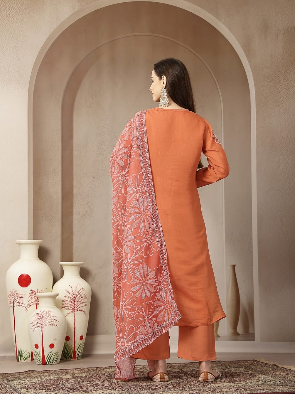 mul chanderi kurti pant and dupatta set for women with detailing work