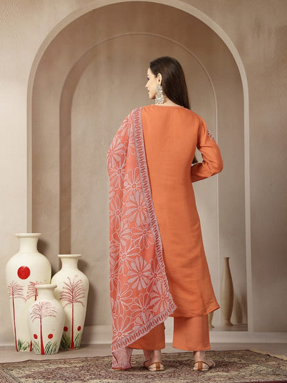 mul chanderi kurti pant and dupatta set for women with detailing work