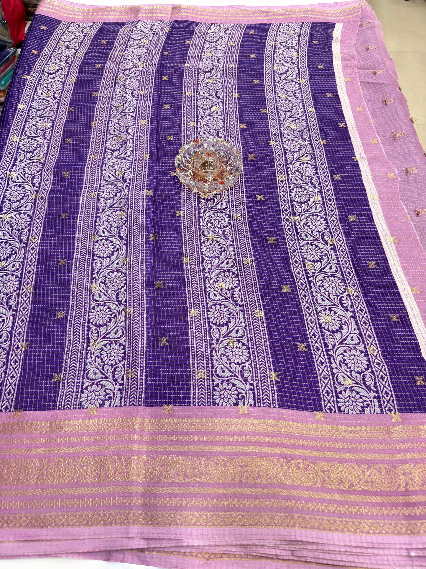 Munga pattu silk blend saree with small buti checks and zari border, women’s festive wear saree