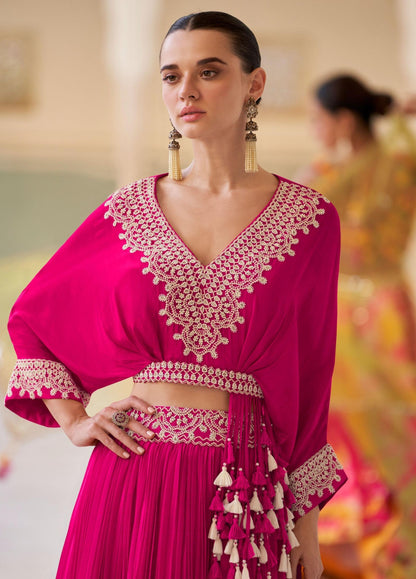 Real chinon embroidered lehenga set for women in rani pink with handwork & cancan