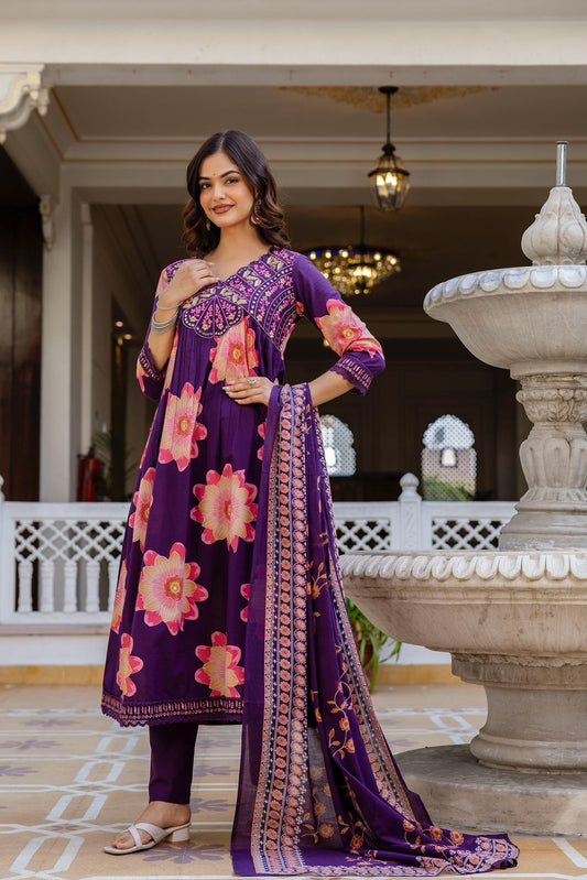 Women’s cotton 60x60 kurta pant dupatta set purple floral print, yoke design, three piece set, sizes M-3XL