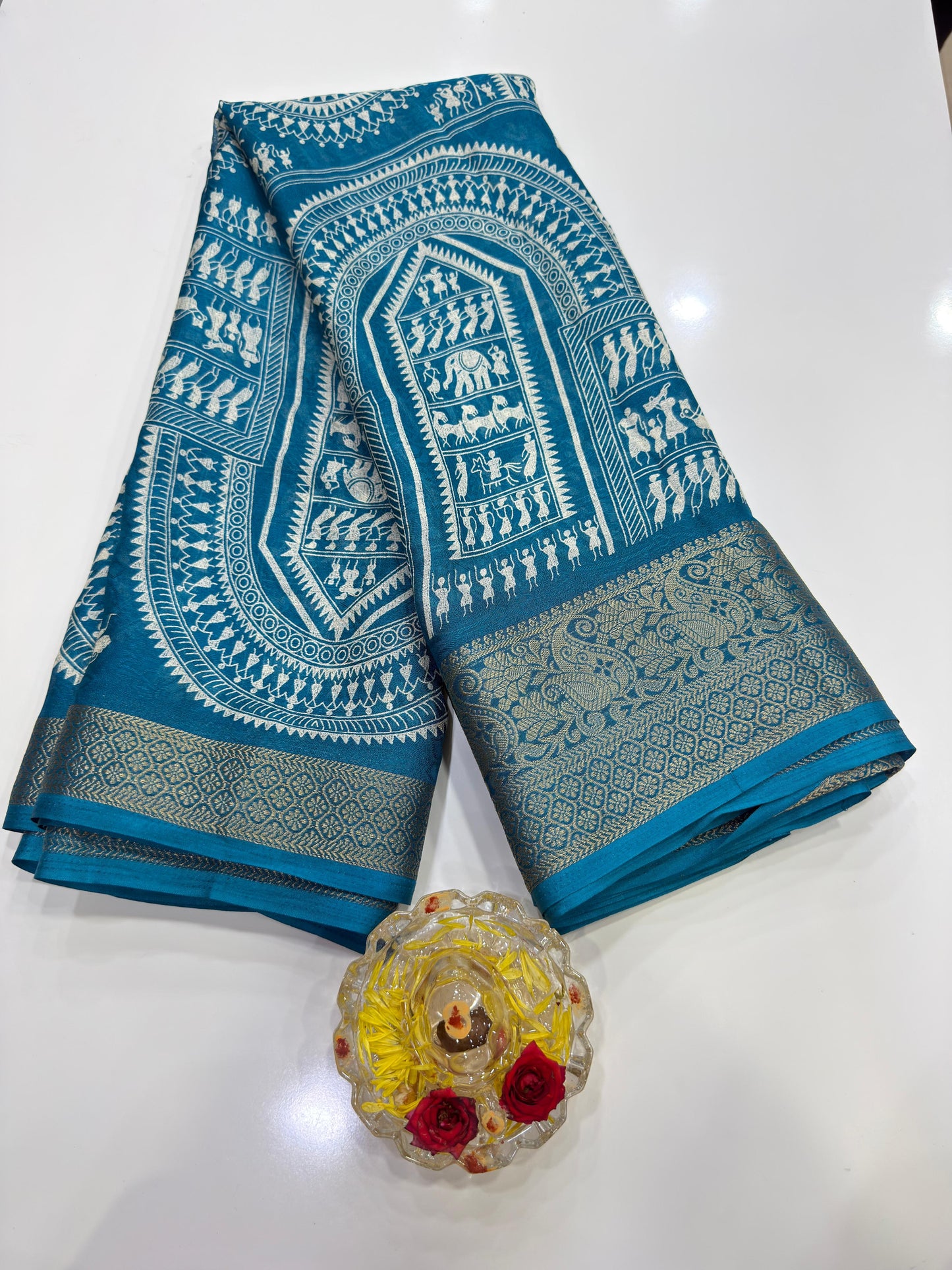 Silk Blend Saree for Women with Temple and Folk Motif Border Traditional Design