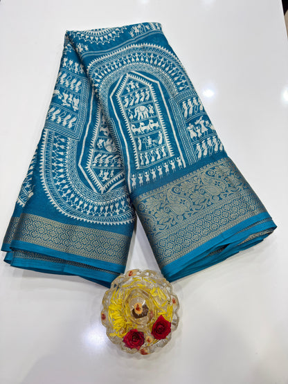 Silk Blend Saree for Women with Temple and Folk Motif Border Traditional Design