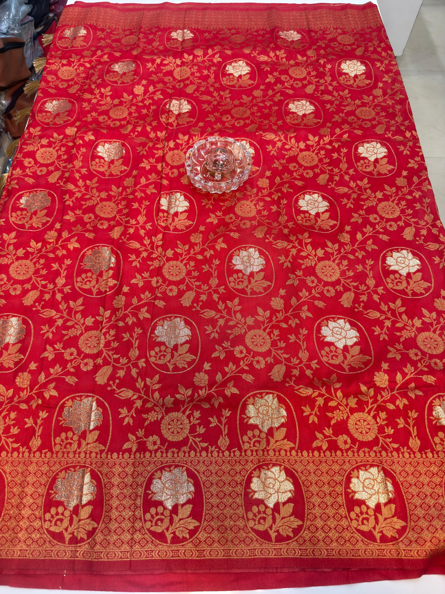 Soft Dola Silk Meenakari Woven Saree with Rich Pallu, Zari Floral Border and Tassels for Women
