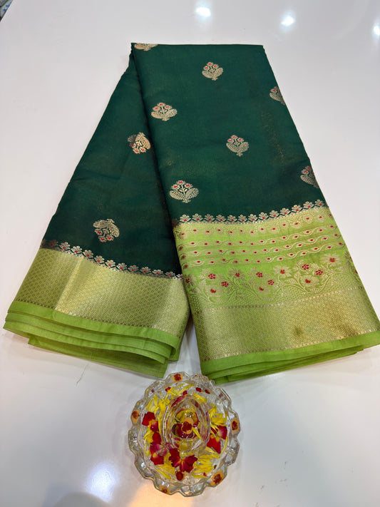 Banarasi Semi RW Mango Silk Saree for Women with Zari Buta, Contrast Border, Designer Pallu and Brocade Blouse