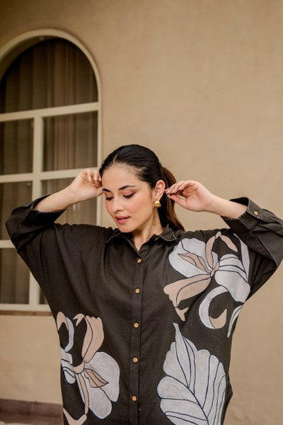 Cotton Co-ord Set for Women, Dark Grey Oversized Shirt Top with Pant, Floral Print, Button Front, 2 Piece Set